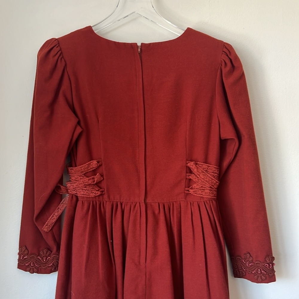 Vintage 1980's Bead Embroidered Wool Blend Midi Rust Orange Red Dress 2 - Picture 8 of 11